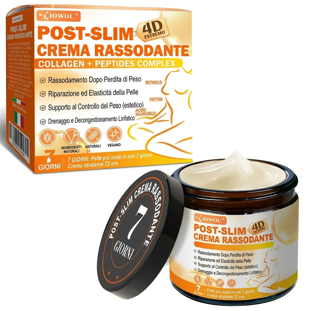 Negozio Ufficiale | Crema Rassodante Post-Dimagrimento IOWOL® con GHK-Cu, Argireline e Matrixyl 3000, peptidi di collagene e principi attivi rassodanti per contrastare la lassità cutanea dopo la perdita di peso.