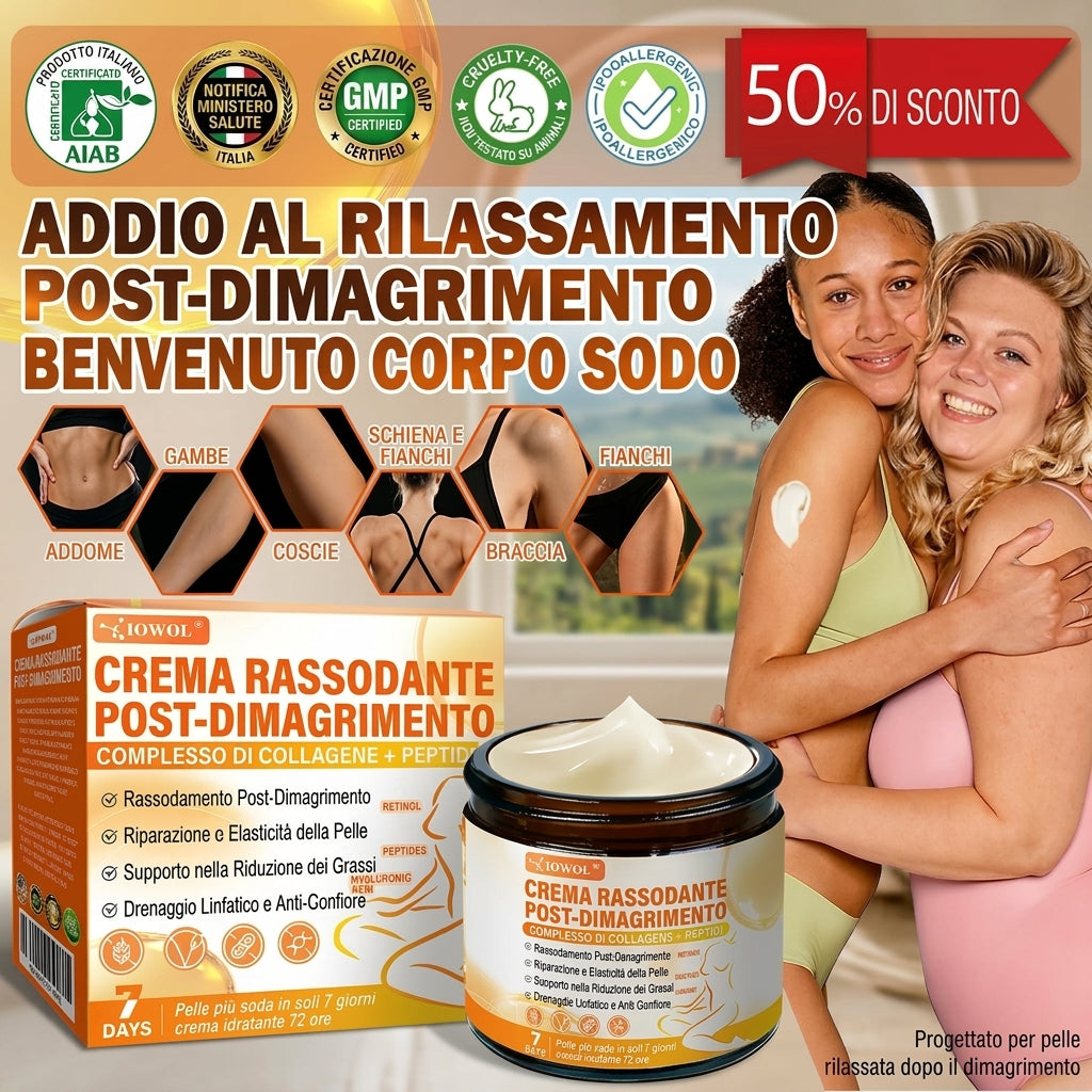 Negozio Ufficiale | Crema Rassodante Post-Dimagrimento IOWOL® con GHK-Cu, Argireline e Matrixyl 3000, peptidi di collagene e principi attivi rassodanti per contrastare la lassità cutanea dopo la perdita di peso.